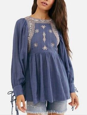 Free People Bali Birdie Blue Embroidered Long-Sleeve Top